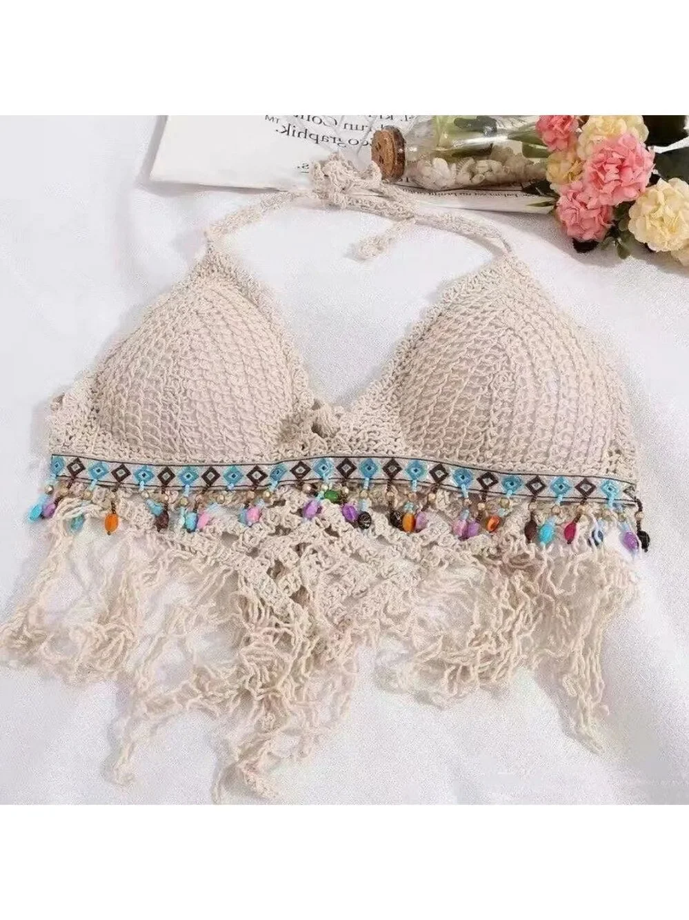 Crochet Halter Bra with Cropped Tassel Hem Summer Sleeveless Casual Top - Picture 8 of 8